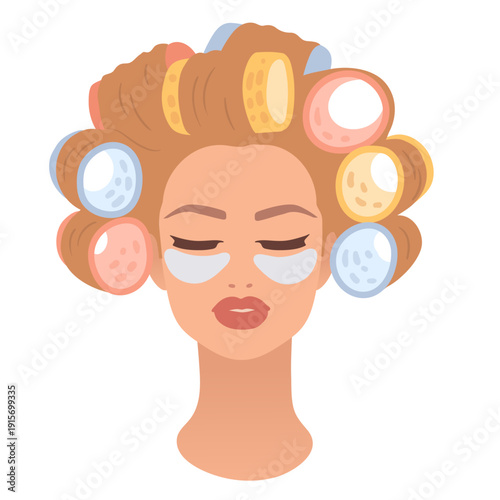 Vector illustration of woman with hair rollers and eye patches. Flat beauty and skincare isolated concept