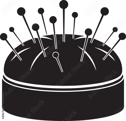 a black pin cushion with several pins stuck into it