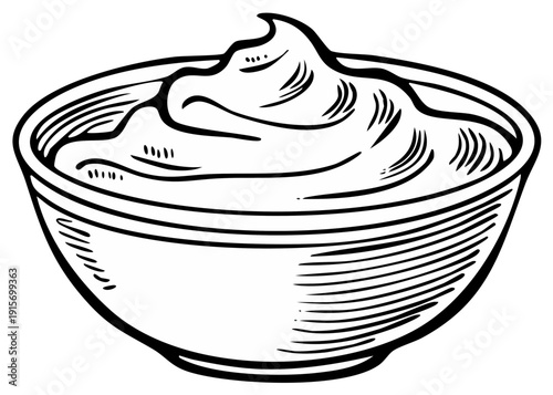 Hand drawn illustration of creamy sauce or dip in a bowl