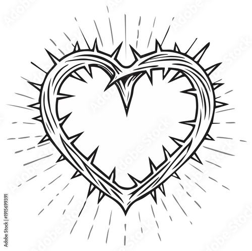 Heart shaped crown of thorns symbol with radiant lines, representing sacrifice, pain, and spiritual devotion