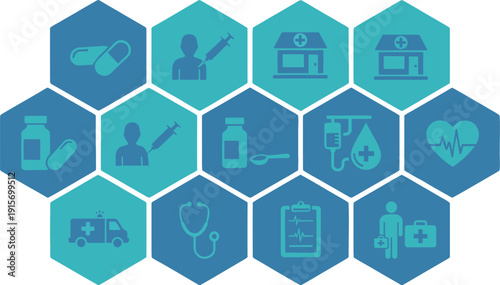Healthcare and medical services icon set in hexagonal pattern
