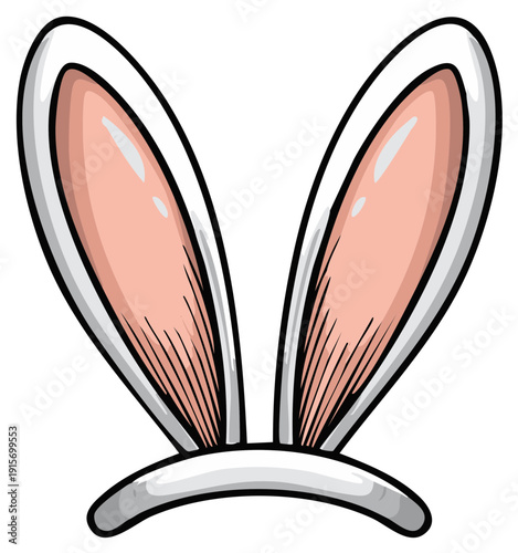 Cute white bunny ears headband with pink inner lining and black outline cartoon style