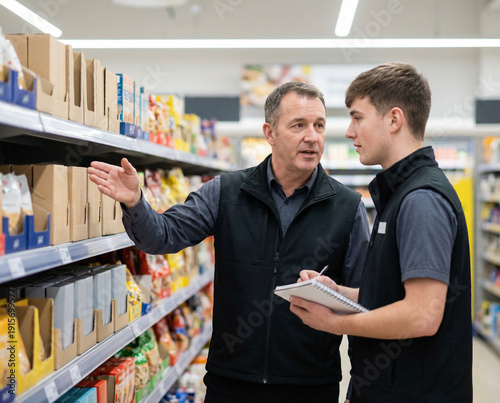 Retail Supervisor Explaining Product Placement to Trainee Staff Member
