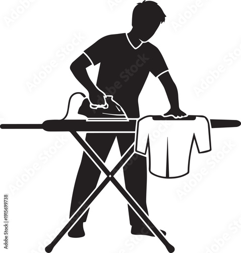 man ironing clothes on ironing board with white shirt