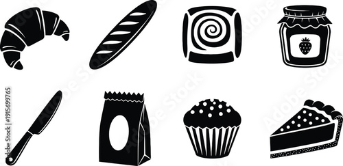 Bakery and dessert icons including croissant bread jam knife and treats