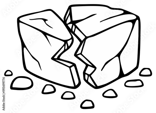 Graphic line art illustration of a large rock cracked in half surrounded by smaller pebbles