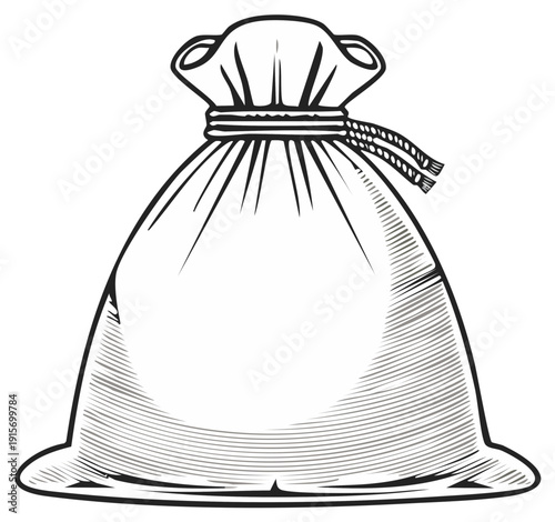 Heavily Stuffed Sack Illustration, Old-fashioned Canvas Bag with Tied Cord, Retro Style Graphic for Finance or Agriculture