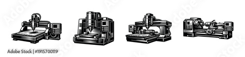 Cnc machine tools flat vector icons set. industrial engineering equipment illustrations collection