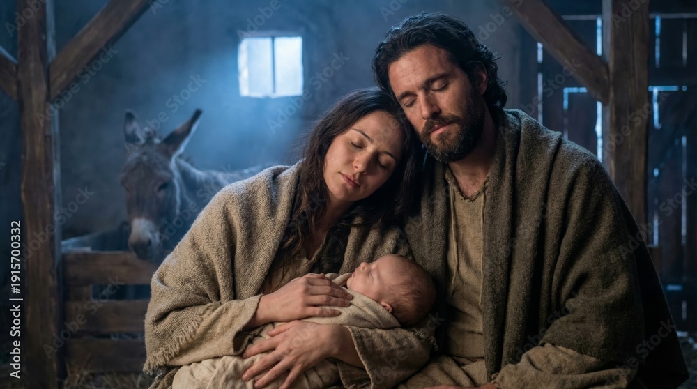 Fototapeta premium Woman and man with baby in a stable. Nativity scene with holy family for Christmas celebration. Christian art depicting Jesus birth.