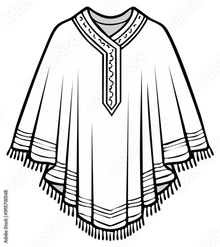 Traditional South American poncho with V-neck and fringe detail, clean line art design