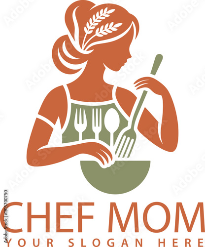 Chef mom logo with woman holding utensils and bowl cooking illustration