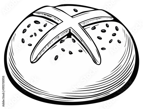 Artistic bread roll illustration with cross cut and sesame seeds, isolated.