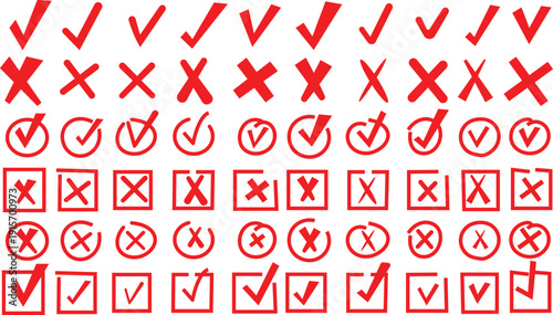 Check marks doodle set. Vote, yes, no, checkbox, checklist, tick and cross signs, v and x drawn concept. Hand drawn doodle sketch style vector illustration