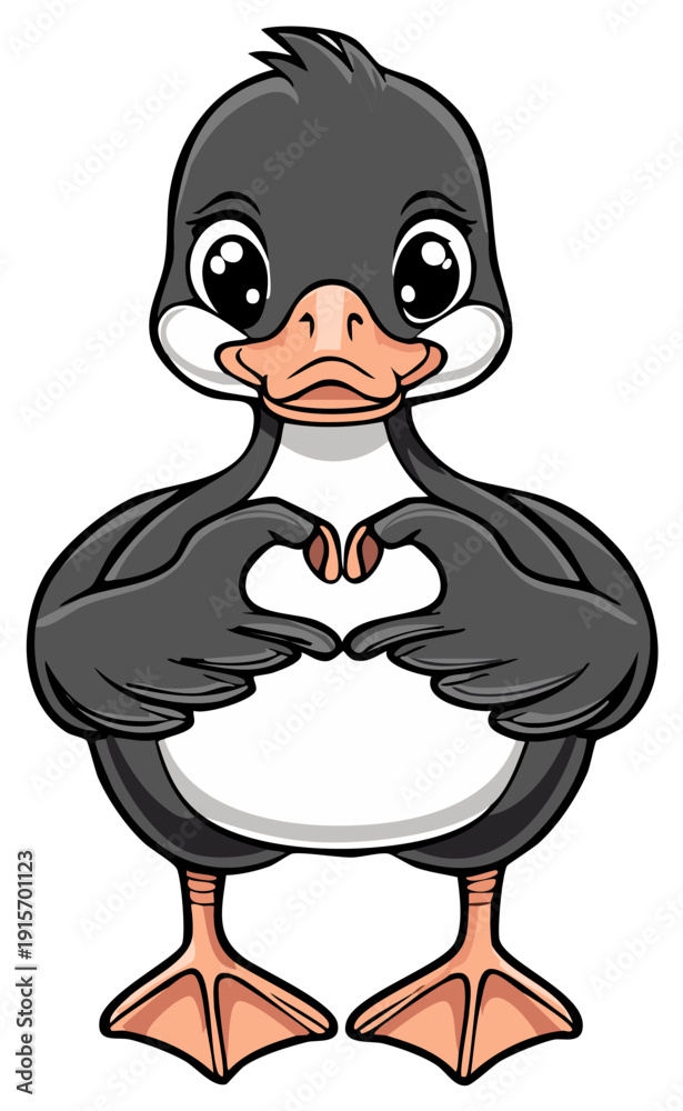 Obraz premium Adorable cartoon duck character with big eyes making a heart shape with its hands