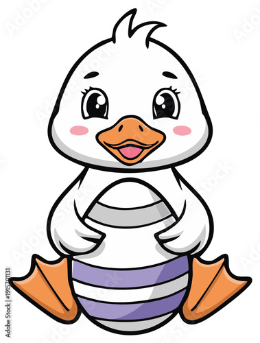 Adorable cartoon duckling sitting with its body wrapped in striped fabric
