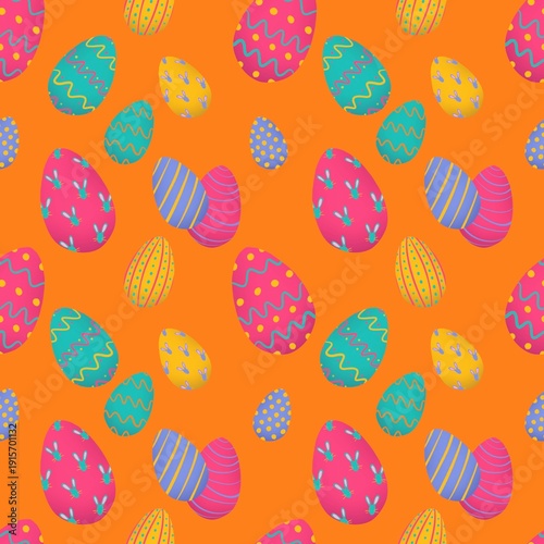 Colorful seamless Easter egg pattern on vibrant orange background. Playful spring holiday illustration suitable for fabric, wrapping paper, children’s products, packaging, wallpaper