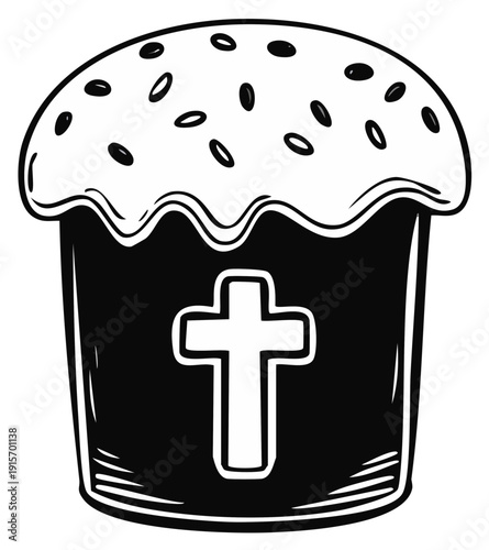 Hand-drawn black and white illustration of a frosted Easter cake with a cross symbol, decorated with sprinkles.