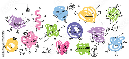 Doodle shapes with face emotions vector collection illustration. Cute funny characters background.