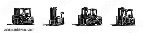 Forklift vector icons set. flat vehicle and machinery collection. industrial equipment symbols