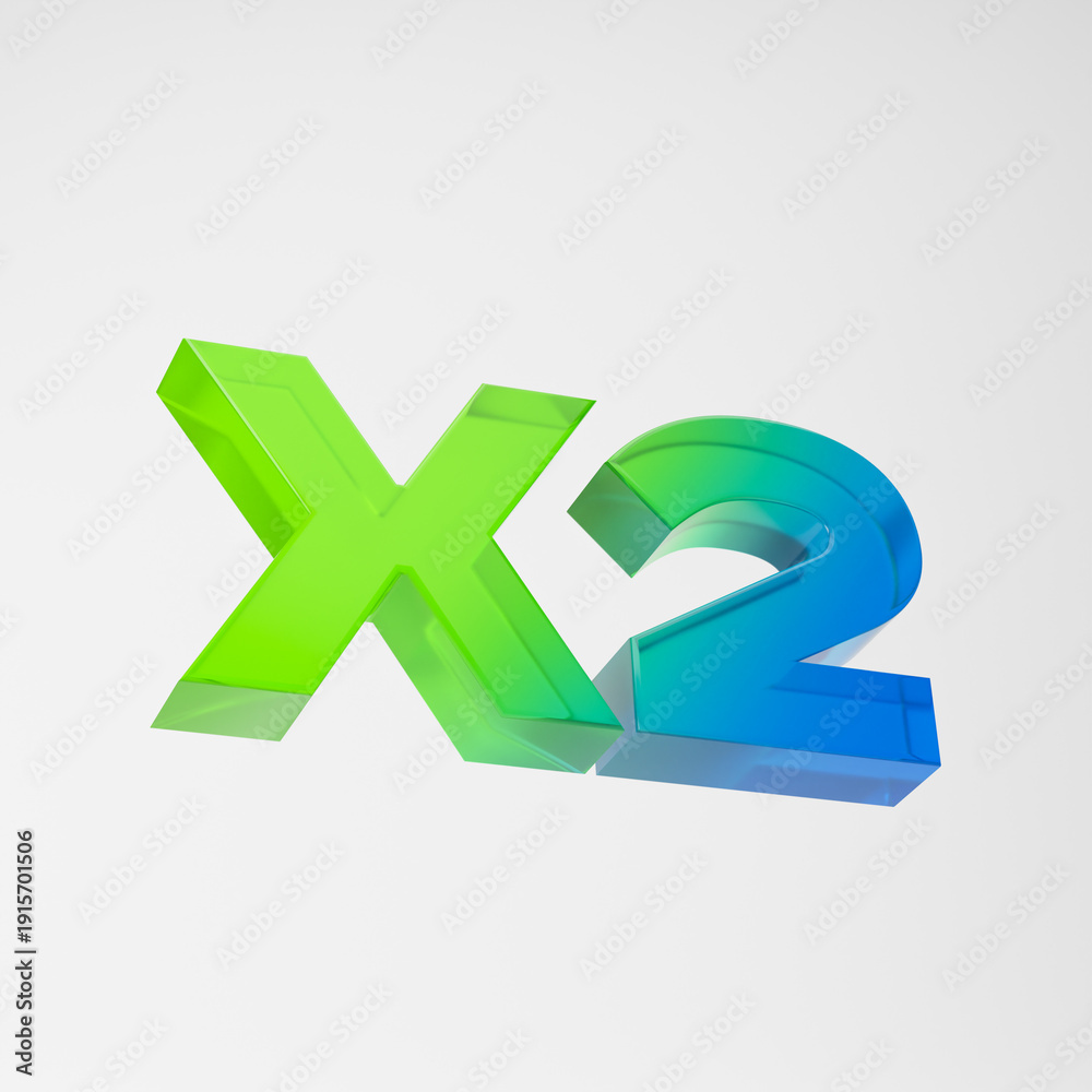 Obraz premium Transparent green and blue x2 symbol isolated over white background. 3D rendering.