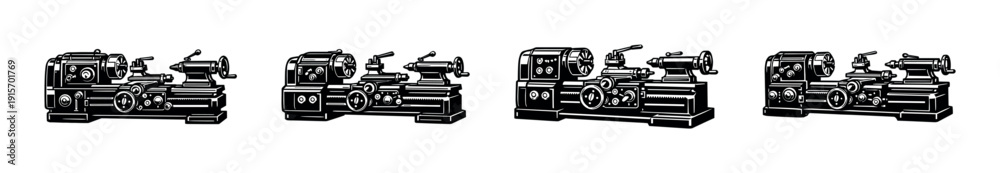 Obraz premium Industrial machine tools. flat vector icons set of lathe equipment. mechanical workshop symbols