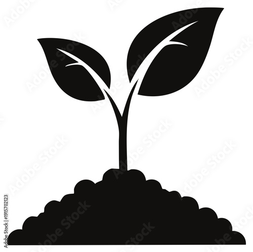 Silhouette of a young green plant sprouting from fertile soil, representing growth and new beginnings