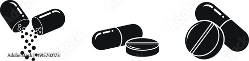 Black and white illustration of various pills and capsules
