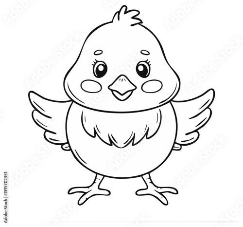 Cute cartoon chick with open wings and big eyes illustration for coloring