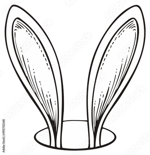 Black and white illustration of rabbit ears emerging from a hole for easter celebration