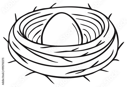 Bird's nest with single egg, illustration in black and white