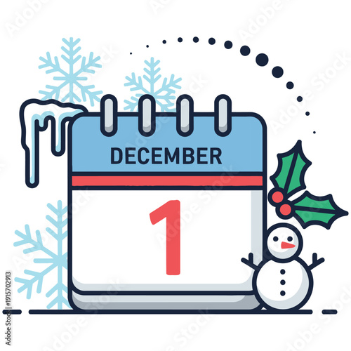 Winter calendar illustration showing december first with snowflakes and holly