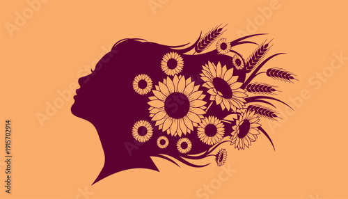 Vibrant silhouette of woman with sunflowers and wheat in hair