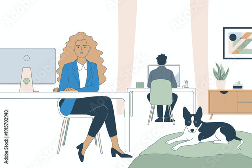 Modern office scene with two colleagues working on computers, one female and one male, with a dog relaxing nearby