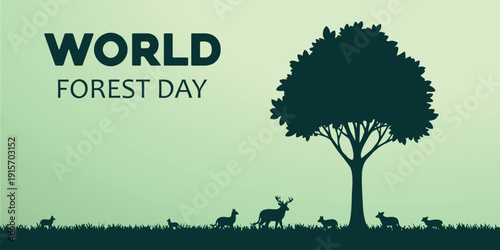 World Forest Day minimalist tree silhouette landscape. Eco awareness, forest conservation and green environment campaign background illustration.