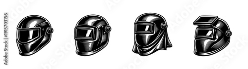 Welding helmet icons set. flat vector icons set of safety gear and industrial equipment