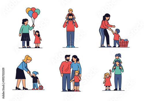 A collection of colorful vector illustrations depicting diverse families enjoying time together high quality professional detailed