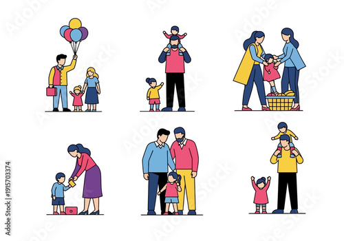 Illustrative depiction of diverse families enjoying quality time together in a colorful vector style high quality