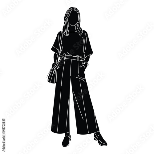 A stylish woman in a modern outfit with a belt and bag