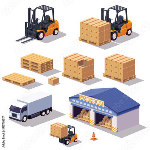 Isometric warehouse logistics set with forklift, pallet, cardboard boxes, cargo truck and storage building. Supply chain distribution, shipping delivery, inventory management and ecommerce fulfillment