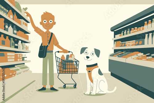 Man with dog shops for groceries with shopping cart and basket full of products in a modern supermarket aisle