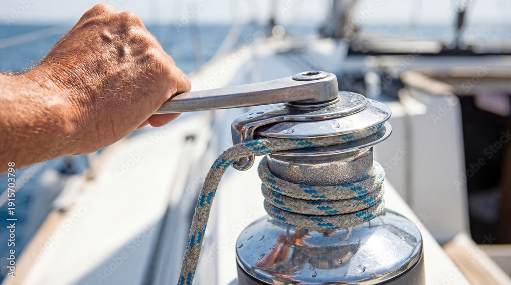 Obraz premium Sailor tightening winch rope on sailboat deck in daylight