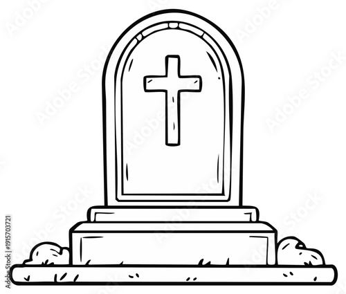 Cartoon style gravestone with a cross on the stone, memorial design illustration, stone tomb artwork on a white background.