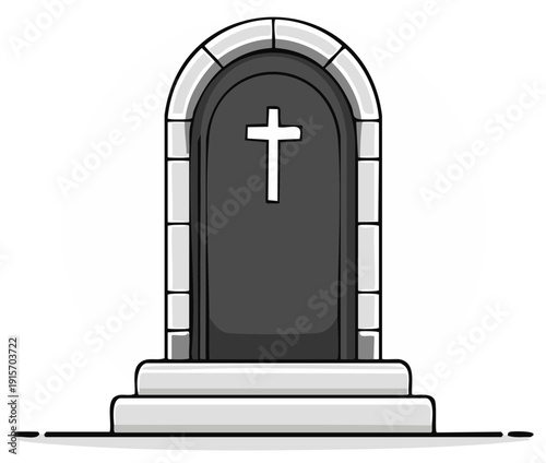 Stylized illustration of a tombstone with a cross design on stone steps