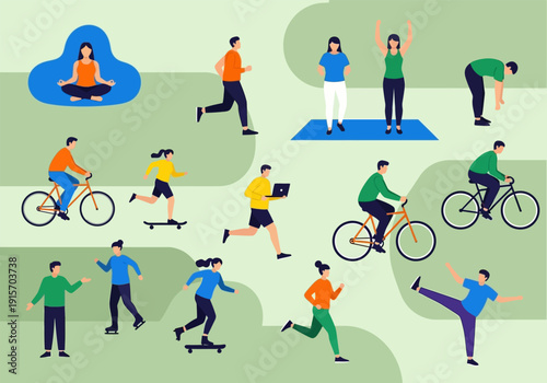 Diverse group of people engaged in various outdoor fitness and recreational activities high quality professional detailed