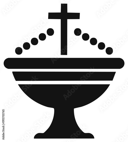 Baptismal font with a cross and water droplets in a simple black and white design for religion