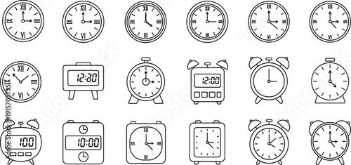 Clock and Alarm Time Icons Set, Analog and Digital Watch Symbols Collection, Timer Schedule Outline Vector for Web, App and Interface Design