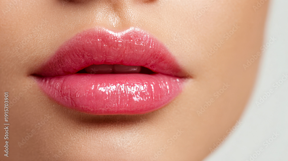 Obraz premium Shiny pink gloss lips with smooth skin texture enhancing natural beauty in a close-up portrait for makeup and skincare concepts