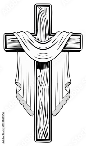 Religious symbol of wooden cross with draped fabric illustration.