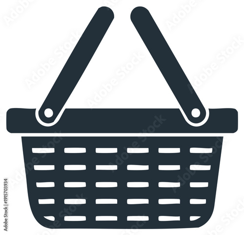 A simple, dark blue vector icon of a shopping basket with two handles and a woven texture