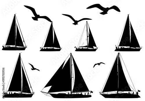 Silhouette of sailboats and seagulls against a white background creating a nautical scene high quality professional